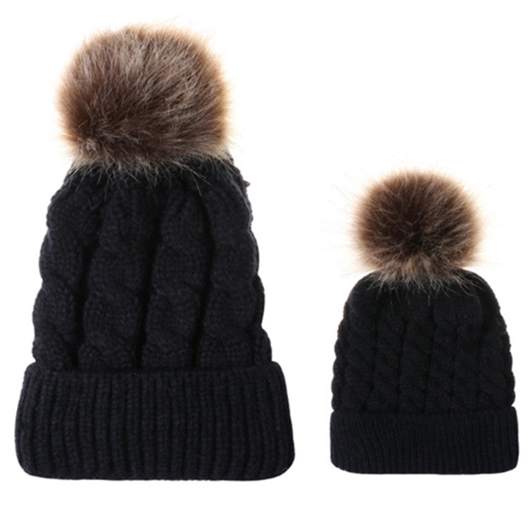 2 in 1 Autumn and Winter Parent-child Hat Set Warm Twist Texture Knit Hat with Wool Ball