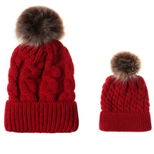 Load image into Gallery viewer, 2 in 1 Autumn and Winter Parent-child Hat Set Warm Twist Texture Knit Hat with Wool Ball
