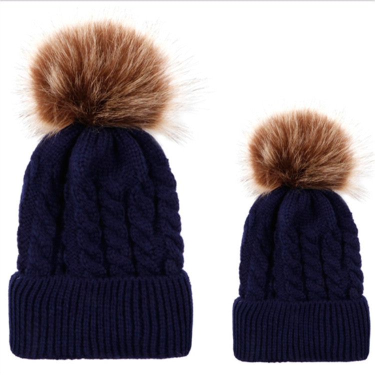 2 in 1 Autumn and Winter Parent-child Hat Set Warm Twist Texture Knit Hat with Wool Ball