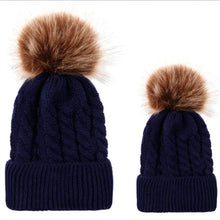 Load image into Gallery viewer, 2 in 1 Autumn and Winter Parent-child Hat Set Warm Twist Texture Knit Hat with Wool Ball