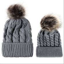 Load image into Gallery viewer, 2 in 1 Autumn and Winter Parent-child Hat Set Warm Twist Texture Knit Hat with Wool Ball