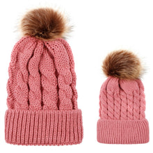 Load image into Gallery viewer, 2 in 1 Autumn and Winter Parent-child Hat Set Warm Twist Texture Knit Hat with Wool Ball