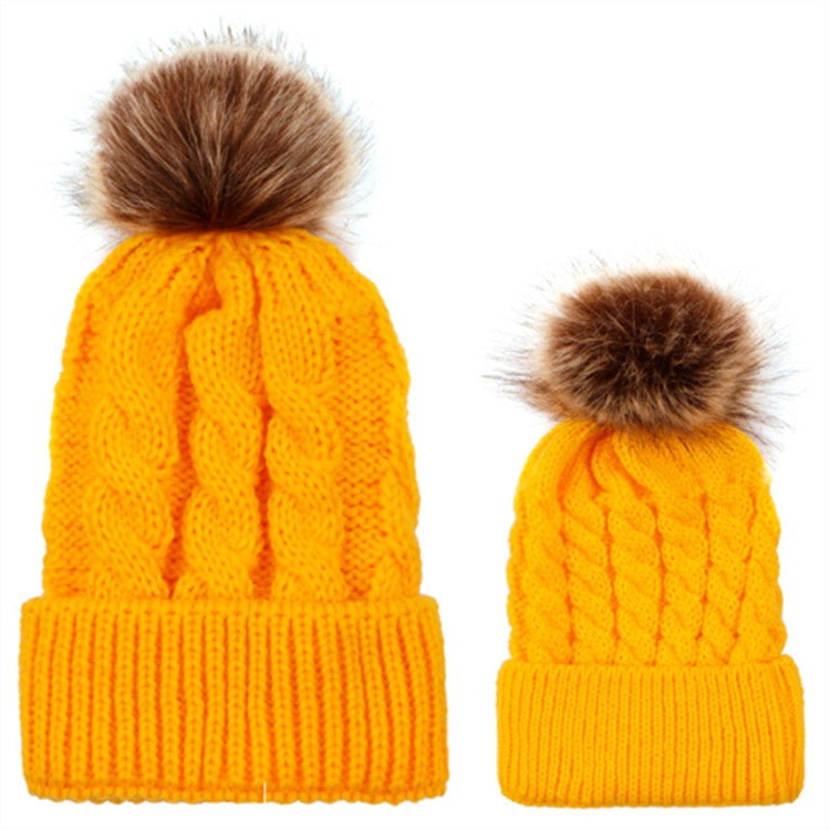 2 in 1 Autumn and Winter Parent-child Hat Set Warm Twist Texture Knit Hat with Wool Ball