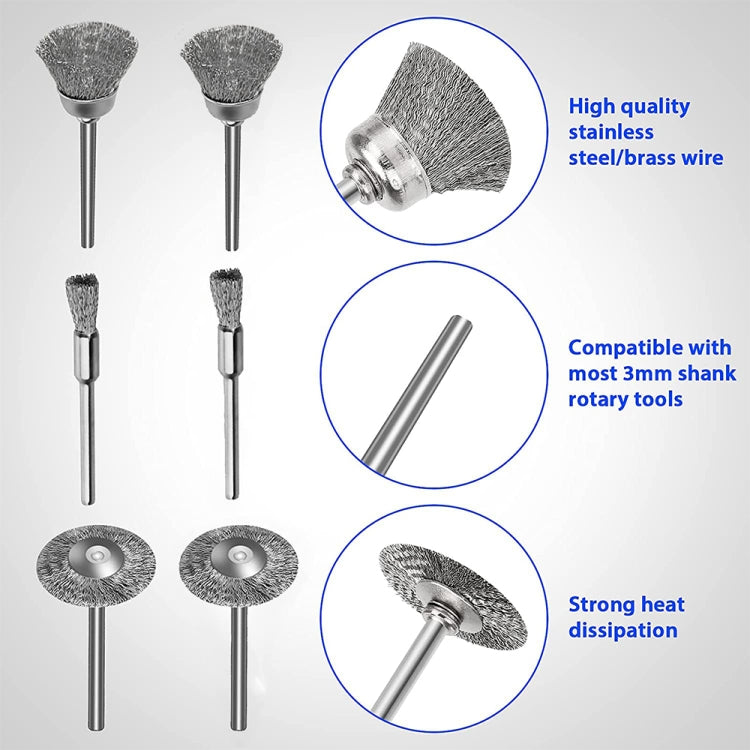 10 PCS Wire Brush Metal Descaling Polishing Brush To Remove Oxide Layer Flat Polishing Brush, Pen Shape 3×5MM, Pen Shape 3×8MM, Bowl Shape3×15MM, Bowl Shape3×25MM, Flat 3×25MM, Flat 3×38MM