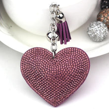 Load image into Gallery viewer, Heart Keychain Leather Tassel Gold Key Holder Metal Crystal Key Chain Keyring Charm Bag Auto Pendant Gift, purple, green, dark blue, lake blue, silver white, watermelon red, light blue, orange, black white, magenta, black gray, yellow, light red, red  ...