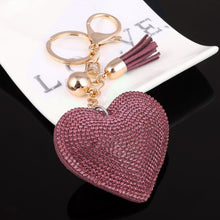 Load image into Gallery viewer, Heart Keychain Leather Tassel Gold Key Holder Metal Crystal Key Chain Keyring Charm Bag Auto Pendant Gift, purple, green, dark blue, lake blue, silver white, watermelon red, light blue, orange, black white, magenta, black gray, yellow, light red, red  ...