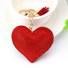 Load image into Gallery viewer, Heart Keychain Leather Tassel Gold Key Holder Metal Crystal Key Chain Keyring Charm Bag Auto Pendant Gift, purple, green, dark blue, lake blue, silver white, watermelon red, light blue, orange, black white, magenta, black gray, yellow, light red, red  ...