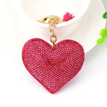 Load image into Gallery viewer, Heart Keychain Leather Tassel Gold Key Holder Metal Crystal Key Chain Keyring Charm Bag Auto Pendant Gift, purple, green, dark blue, lake blue, silver white, watermelon red, light blue, orange, black white, magenta, black gray, yellow, light red, red  ...
