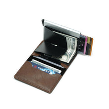 Load image into Gallery viewer, Automatic Elastic Card Type Anti-magnetic RFID Anti-theft Retro Card Package Universal Leather Metal Wallet