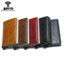 Load image into Gallery viewer, Automatic Elastic Card Type Anti-magnetic RFID Anti-theft Retro Card Package Universal Leather Metal Wallet