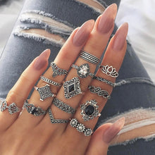 Load image into Gallery viewer, 15 PCS Bohemian Retro Crystal Flower Leaves Hollow Lotus Gem Silver Ring Set