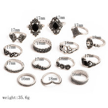 Load image into Gallery viewer, 15 PCS Bohemian Retro Crystal Flower Leaves Hollow Lotus Gem Silver Ring Set