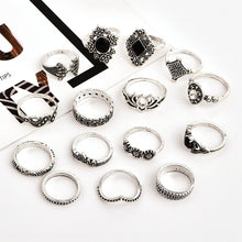 Load image into Gallery viewer, 15 PCS Bohemian Retro Crystal Flower Leaves Hollow Lotus Gem Silver Ring Set