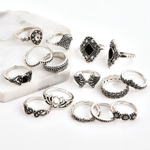 Load image into Gallery viewer, 15 PCS Bohemian Retro Crystal Flower Leaves Hollow Lotus Gem Silver Ring Set