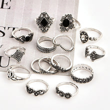 Load image into Gallery viewer, 15 PCS Bohemian Retro Crystal Flower Leaves Hollow Lotus Gem Silver Ring Set