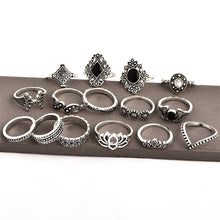 Load image into Gallery viewer, 15 PCS Bohemian Retro Crystal Flower Leaves Hollow Lotus Gem Silver Ring Set