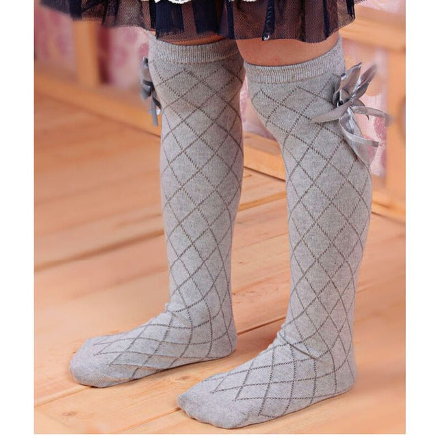 Children's Tube Socks Mesh Bow Princess Socks Square Grid Over Knee Socks