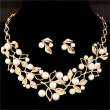 Load image into Gallery viewer, Leaf Crystal Simulated Pearl Wedding Jewelry Necklaces Earrings Sets, Gold, Silver
