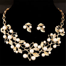 Load image into Gallery viewer, Leaf Crystal Simulated Pearl Wedding Jewelry Necklaces Earrings Sets, Gold, Silver