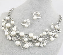 Load image into Gallery viewer, Leaf Crystal Simulated Pearl Wedding Jewelry Necklaces Earrings Sets, Gold, Silver
