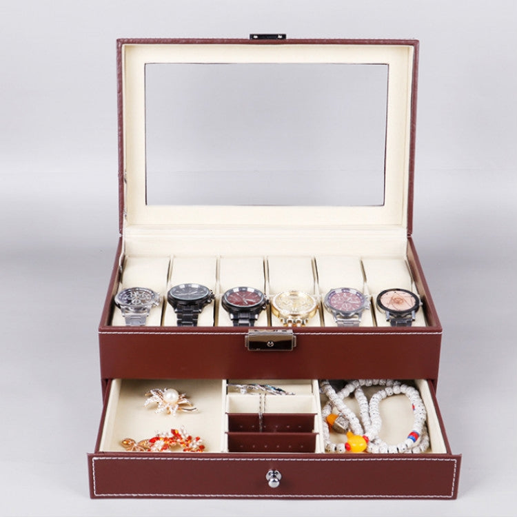 PU Leather 12-bit Watch Box Double-layer Jewelry Box Storage Display Box, PU Leather Black, PU Leather Brown
