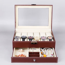 PU Leather 12-bit Watch Box Double-layer Jewelry Box Storage Display Box, PU Leather Brown
