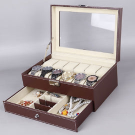 PU Leather 12-bit Watch Box Double-layer Jewelry Box Storage Display Box, PU Leather Brown