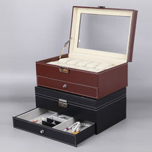 Load image into Gallery viewer, PU Leather 12-bit Watch Box Double-layer Jewelry Box Storage Display Box, PU Leather Black, PU Leather Brown