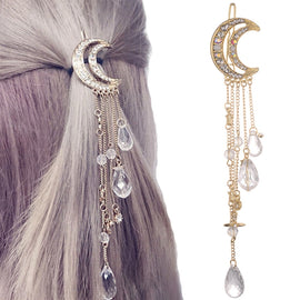Fashion Elegant Women Lady Moon Rhinestone Crystal Tassel Long Chain Beads Dangle Hairpin Hair Clip Hair Jewelry, Gold, Silver, Rose Gold, Bronze