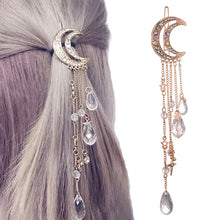 Load image into Gallery viewer, Fashion Elegant Women Lady Moon Rhinestone Crystal Tassel Long Chain Beads Dangle Hairpin Hair Clip Hair Jewelry, Gold, Silver, Rose Gold, Bronze