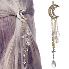 Load image into Gallery viewer, Fashion Elegant Women Lady Moon Rhinestone Crystal Tassel Long Chain Beads Dangle Hairpin Hair Clip Hair Jewelry, Gold, Silver, Rose Gold, Bronze
