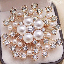 Load image into Gallery viewer, Women Large Snowflake Imitation Pearls Rhinestones Crystal  Brooch Pin Jewelry, White, Gold