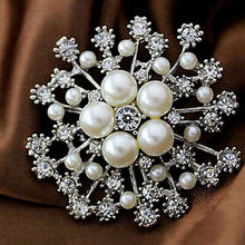 Load image into Gallery viewer, Women Large Snowflake Imitation Pearls Rhinestones Crystal  Brooch Pin Jewelry, White, Gold
