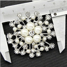 Load image into Gallery viewer, Women Large Snowflake Imitation Pearls Rhinestones Crystal  Brooch Pin Jewelry, White, Gold