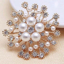 Load image into Gallery viewer, Women Large Snowflake Imitation Pearls Rhinestones Crystal  Brooch Pin Jewelry, White, Gold