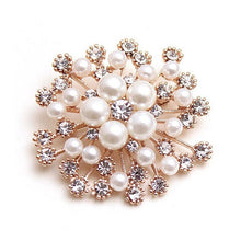 Load image into Gallery viewer, Women Large Snowflake Imitation Pearls Rhinestones Crystal  Brooch Pin Jewelry, White, Gold