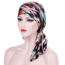 Load image into Gallery viewer, Stretch Printed Turban Big Tail Hat Flower Cloth Curved Turban Hat