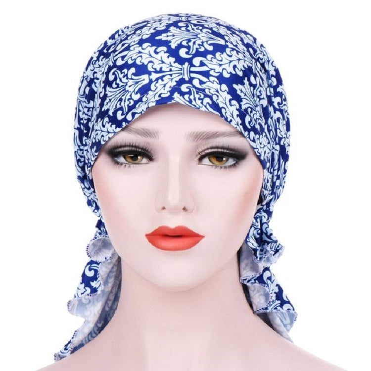 Stretch Printed Turban Big Tail Hat Flower Cloth Curved Turban Hat