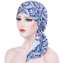 Load image into Gallery viewer, Stretch Printed Turban Big Tail Hat Flower Cloth Curved Turban Hat