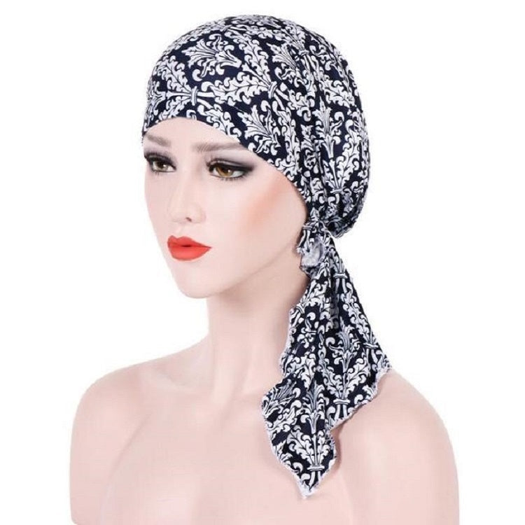 Stretch Printed Turban Big Tail Hat Flower Cloth Curved Turban Hat