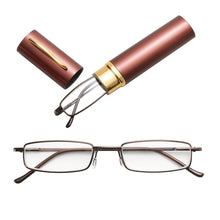Load image into Gallery viewer, Reading Glasses Metal Spring Foot Portable Presbyopic Glasses with Tube Case, +1.00D, +1.50D, +2.00D, +2.50D, +3.00D, +3.50D