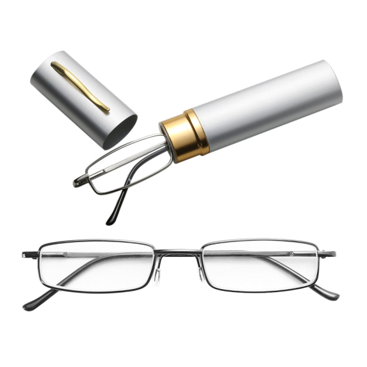 Reading Glasses Metal Spring Foot Portable Presbyopic Glasses with Tube Case, +1.00D, +1.50D, +2.00D, +2.50D, +3.00D, +3.50D