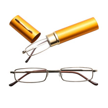 Load image into Gallery viewer, Reading Glasses Metal Spring Foot Portable Presbyopic Glasses with Tube Case, +1.00D, +1.50D, +2.00D, +2.50D, +3.00D, +3.50D