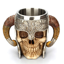 Load image into Gallery viewer, Stainless Steel Skull Mug Ram Horned Warrior Beer Coffee Mug Tea Cup Halloween Bar Drinkware Gift, 501-600ml