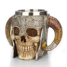 Load image into Gallery viewer, Stainless Steel Skull Mug Ram Horned Warrior Beer Coffee Mug Tea Cup Halloween Bar Drinkware Gift, 501-600ml