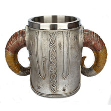 Load image into Gallery viewer, Stainless Steel Skull Mug Ram Horned Warrior Beer Coffee Mug Tea Cup Halloween Bar Drinkware Gift, 501-600ml