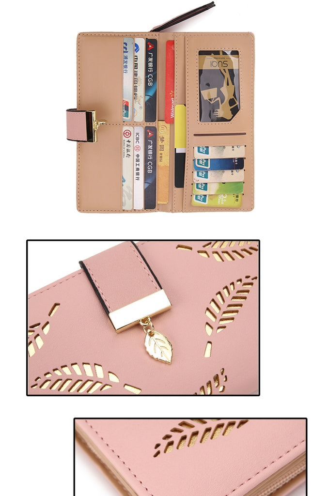 Long Gold Hollow Leaves Coin Purse Card Holders Wallet for Women