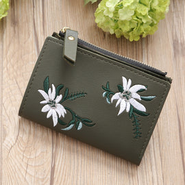 Embroidery Short Wallet PU Leather Wallets Female Floral Hasp Coin Purse Zipper Bag Card Holders