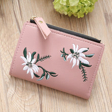 Load image into Gallery viewer, Embroidery Short Wallet PU Leather Wallets Female Floral Hasp Coin Purse Zipper Bag Card Holders