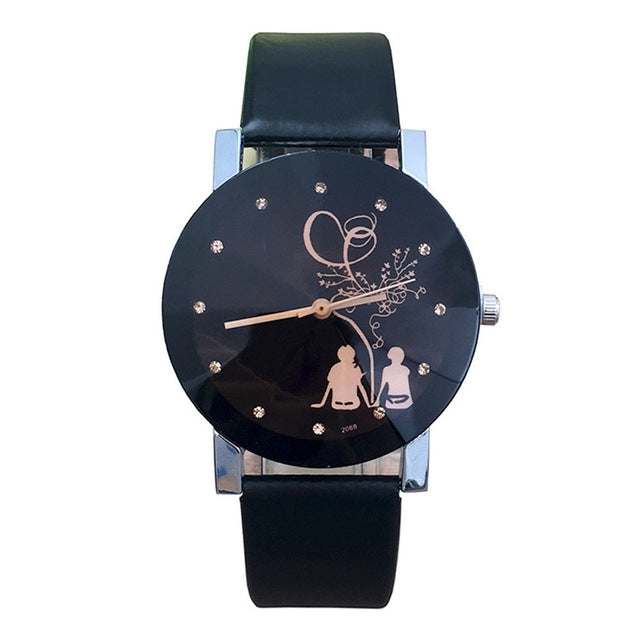 Couple Back View Pattern Leather Strap Quartz Watch